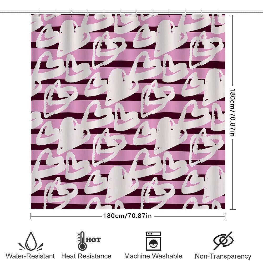 Charming Pink And White Striped Shower Curtain With Heart Design Modern Bathroom Decor For Home Decoration