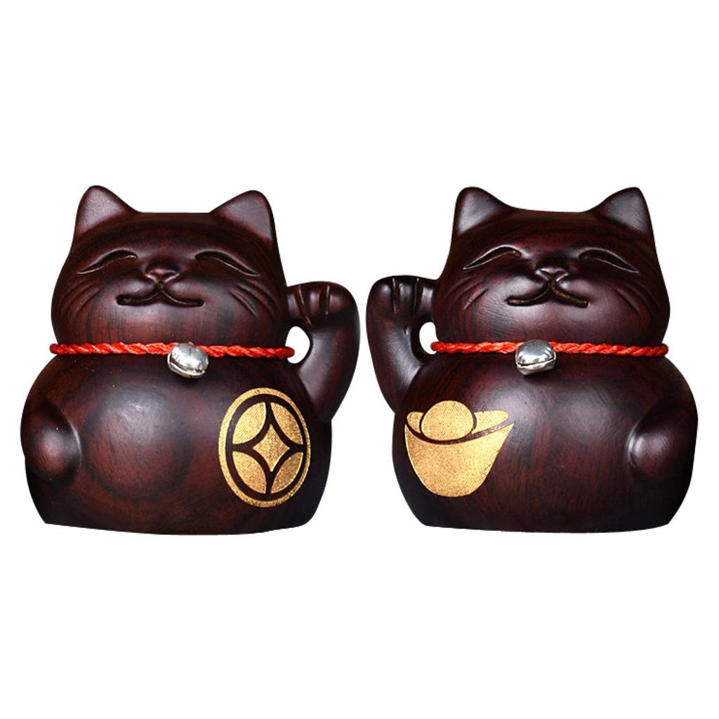 Archnote Maneki Neko Figurine Stylish Wooden Carved Ornament Wealth Good Luck Feng Shui Goods Interior Store Opening Celebration Black Sandalwood Pair