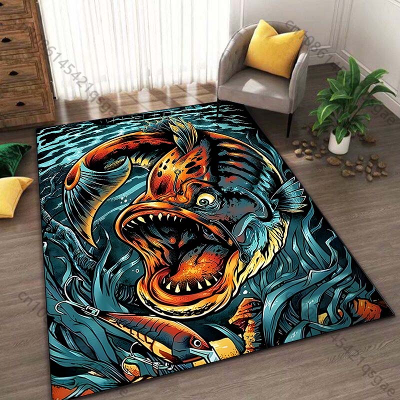 Scary Fishing Printed Carpet for Living Room Bedroom Bedside Bathroom Floor Mat Area Rugged Sofa Mat Home Decor Machine Wash
