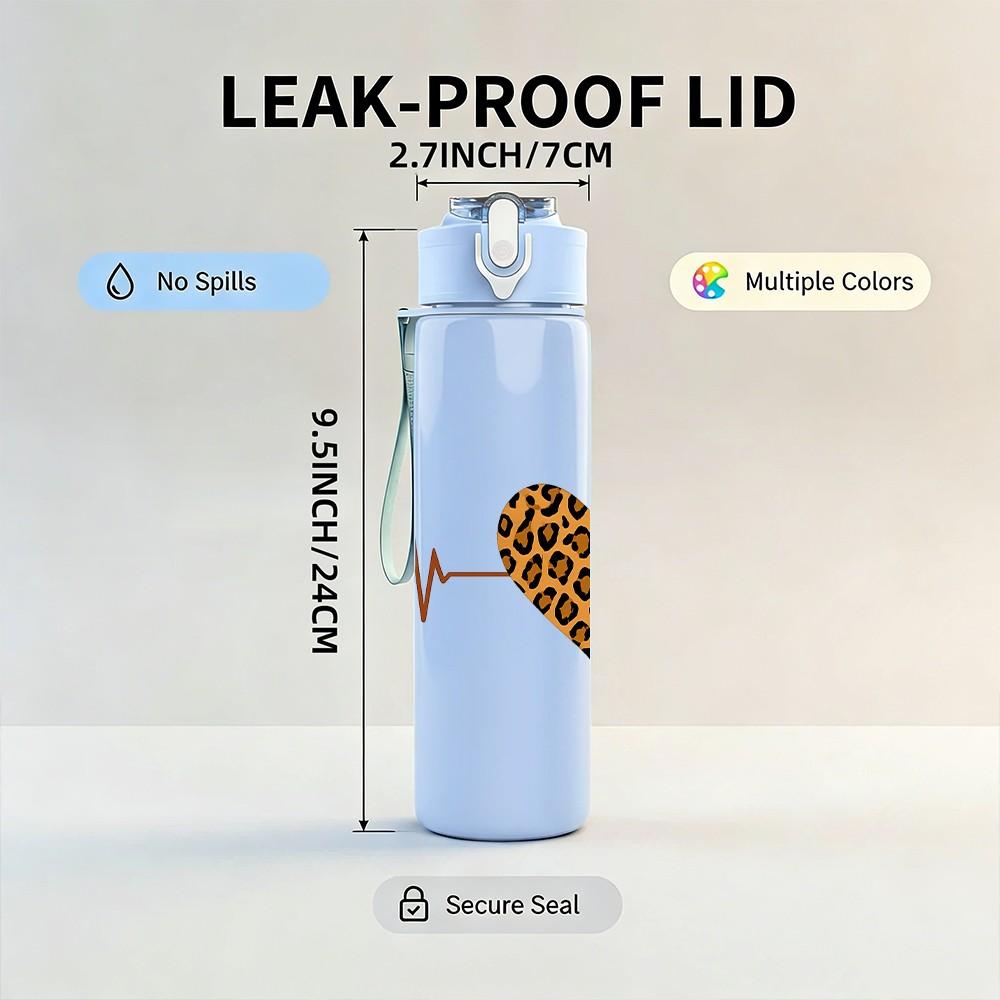 1PC Leopard Heart Electrocardiogram 750ml Color Plastic Sports Water Bottle Leakproof Flip Straw Lid Suitable for Sports Office Home Use
