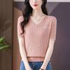 New Summer Women's V-neck Short-sleeved Loose T-shirt Knitted Sweater Hollow Thin Fashion Top