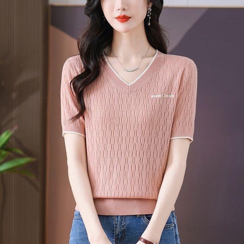 New Summer Women's V-neck Short-sleeved Loose T-shirt Knitted Sweater Hollow Thin Fashion Top