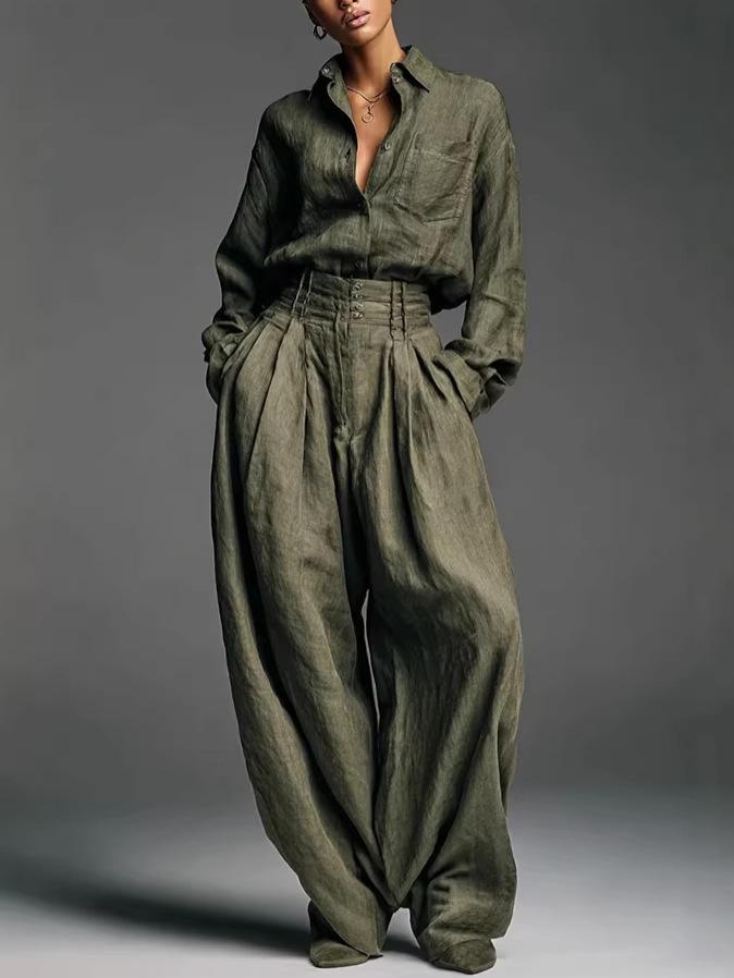 Euro-American Women's Retro Linen-Style Two-Piece Set: Long Sleeve Cardigan & Loose Pants 3057