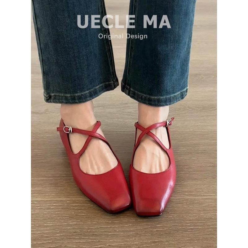 Sheepskin Model~ Retro French Single Shoes Women's Flat Red Shoes Light Mouth Ballet Evening Shoes Cross Belt Mary Jane Shoes