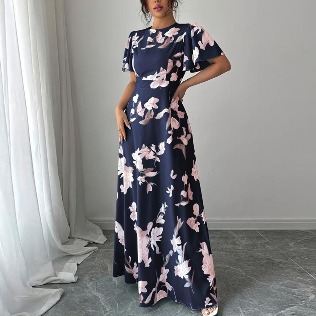 Women's Fashionable Round Neck Short Sleeved Floral Print Waist Cinched Bohemian Dress