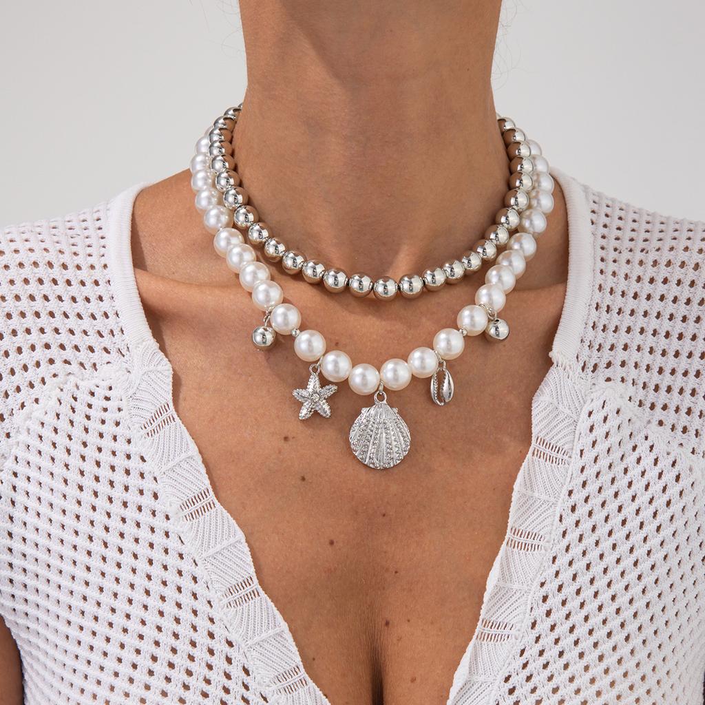 Ocean Wind Starfish Scallop Shell Necklace, Fashionable Imitation Pearl Ccb Beads Stacked Collarbone Chain