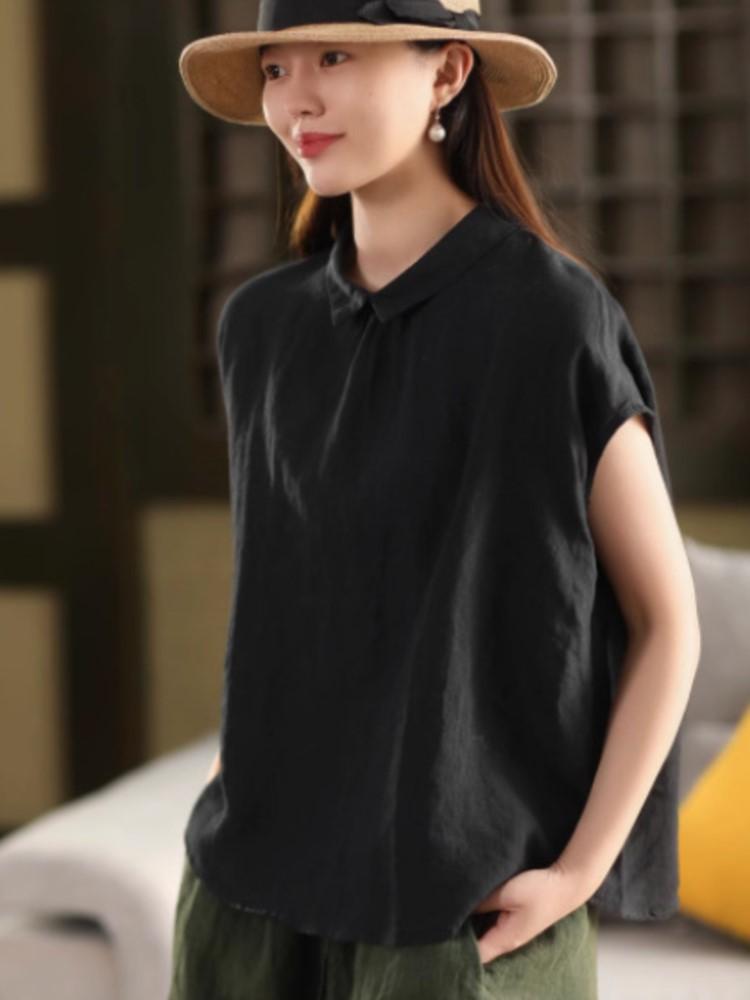 Johnature Women Vintage Summer  Shirts Solid Color Turn-down Collar Sleeveless Tops Casual Female Shirts