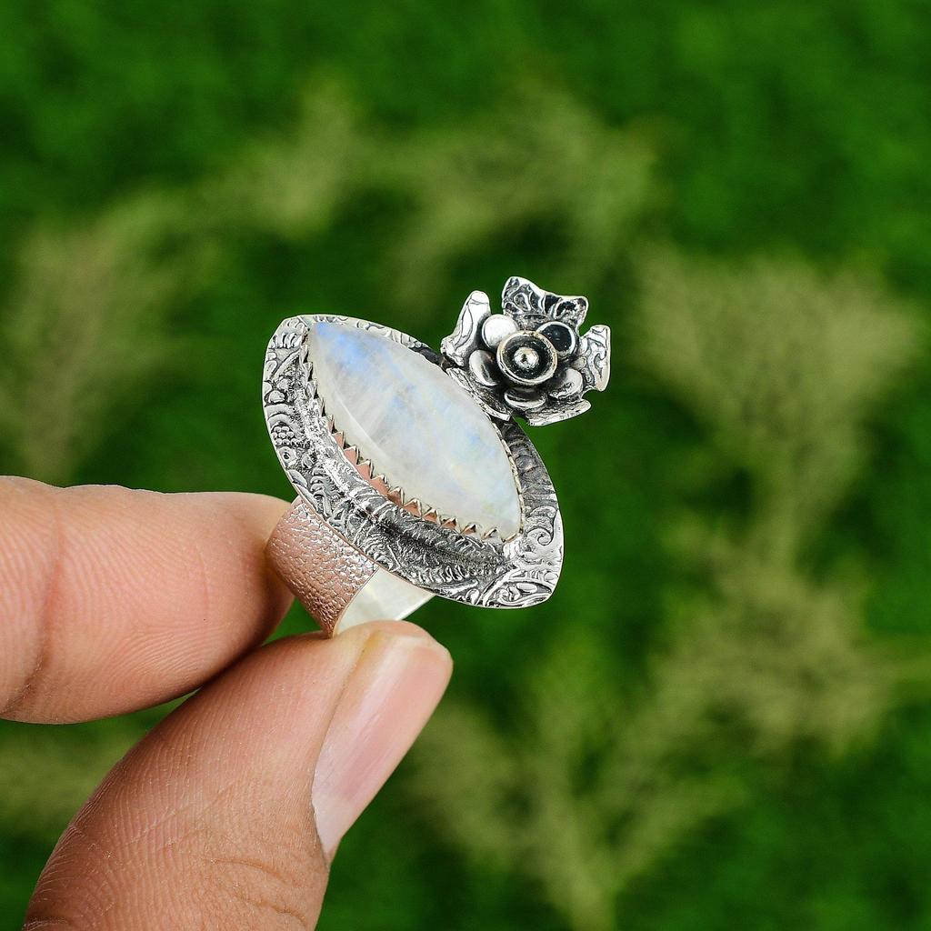 Natural Rainbow Moonstone 925 Silver Promise Flower Ring Size 6.75 For Girls