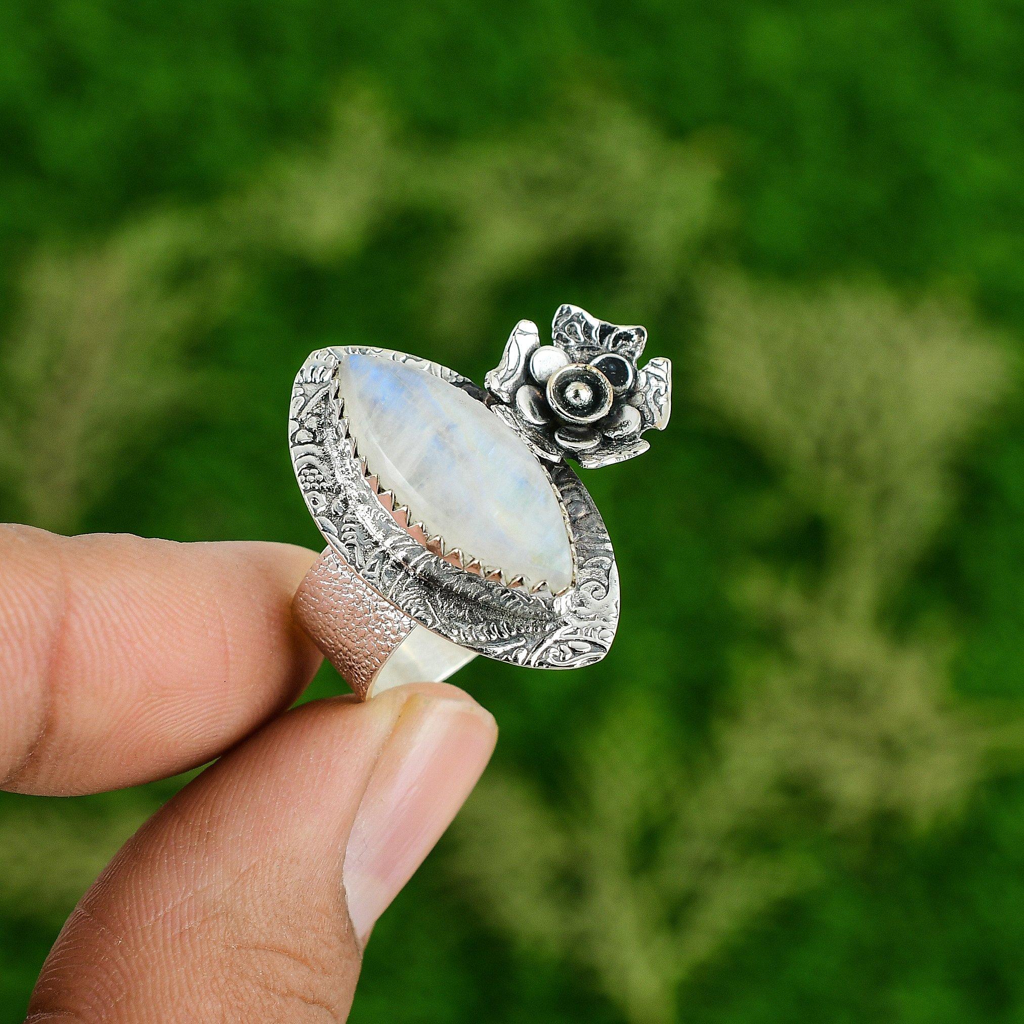 

Natural Rainbow Moonstone 925 Silver Promise Flower Ring Size 6.75 For Girls 6.75