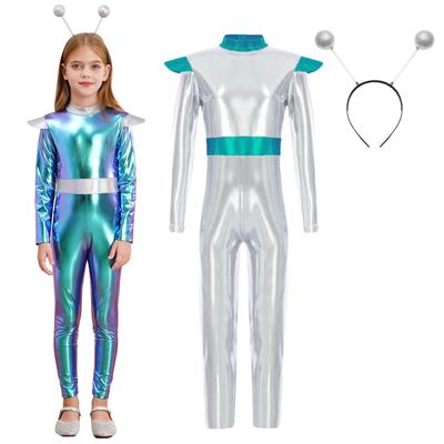 2Pcs Crianças Alien Role Play Traje Manga Longa Bodysuit Comprimento Total com Arco de Cabelo Halloween Party Dress Up Performance Costumes