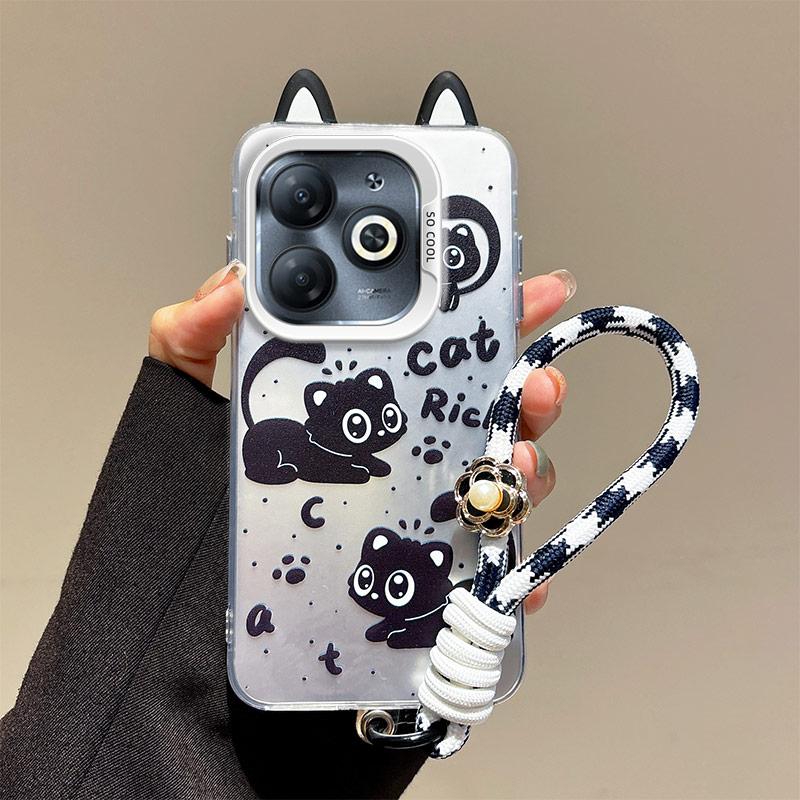 KEYSION Cute Ear Cartoon Case for Infinix Hot 40i with Lanyard Soft Silicone+PC Shockproof Phone Cover for Infinix Smart 8 HD