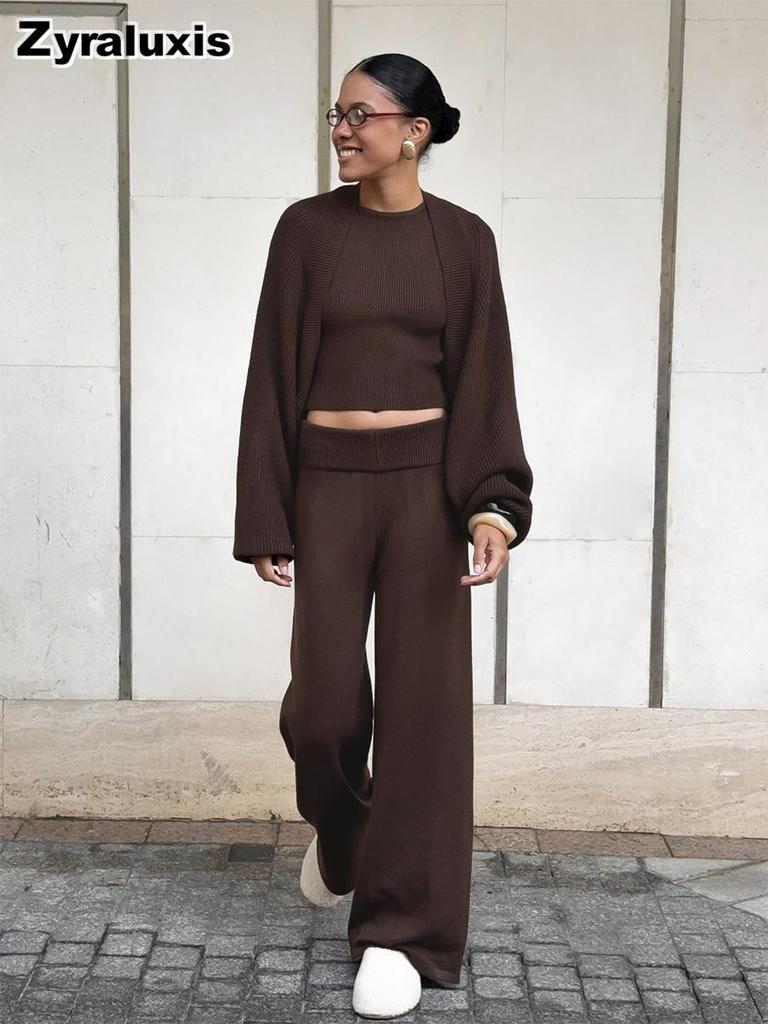Three-piece Set, Autumn, Knitted Sweater with Loop Neck Camisole High-waisted Wide Leg Pants Suit