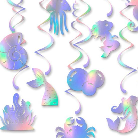 12 Pcs Mermaid Hanging Swirls Decoration Iridescent Mermaid Theme Party Garland Ocean Ceiling Streamer for Birthday Party Supplies