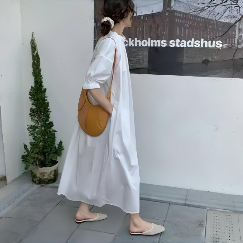 Japanese Loose Stand Collar Zipper Short Sleeve A-line Ankle-length Dress for Women - Spring Collection