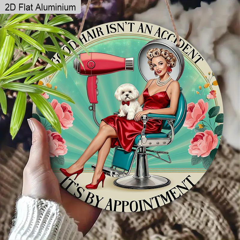 2D Flat Aluminum Vintage Metal Wreath Round Sign Hairdresser Poster, Hair Salon Decor, Hair Salon Suitable for Home and Kitchen Bar Cafe Garage Wall