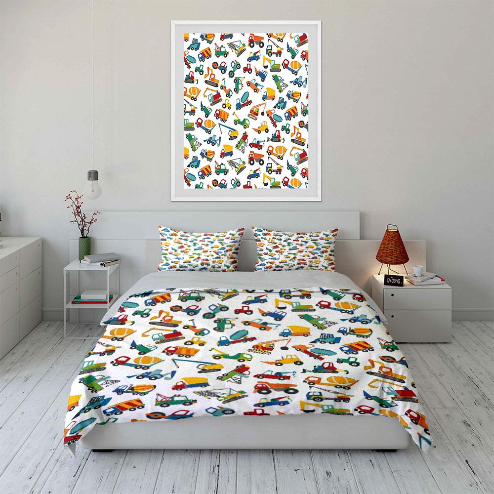 Construction Vehicle Pattern Set Multiple sizes kid's and adults' bedroom Exquisite 3PC bedding set gift