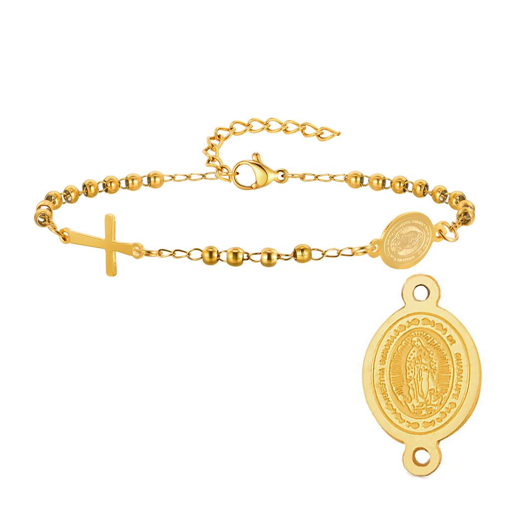 Edelstahl Jungfrau Maria St. Benedikt Kreuz Armband, Perlenkette Armband Damen Religiöser Schmuck