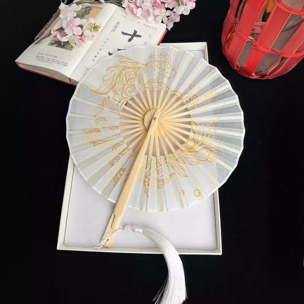 Handmade Round Bamboo Fan Tassel Dance Fan Vintage Collapsible Hand Fan  Women