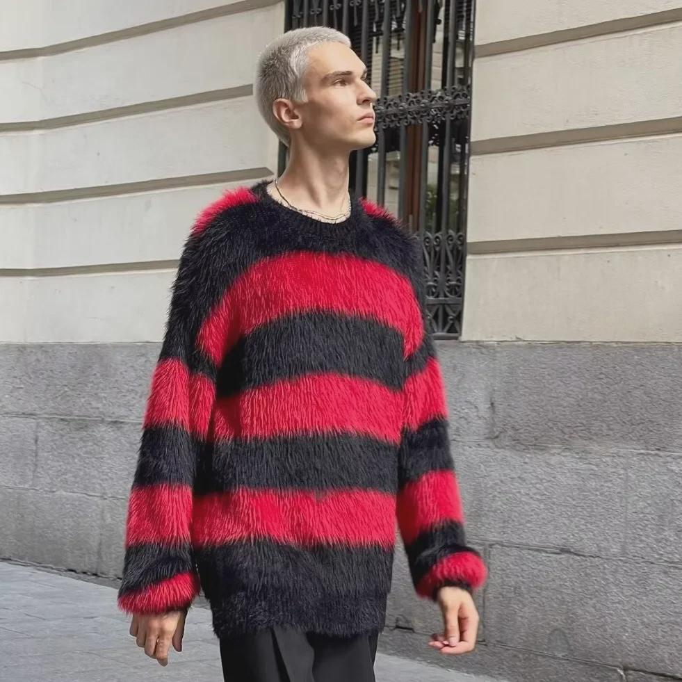 Red and Black Striped Seahorse Wool Men's Knitted Sweater - Winter Mink-Like Couple's Jacket