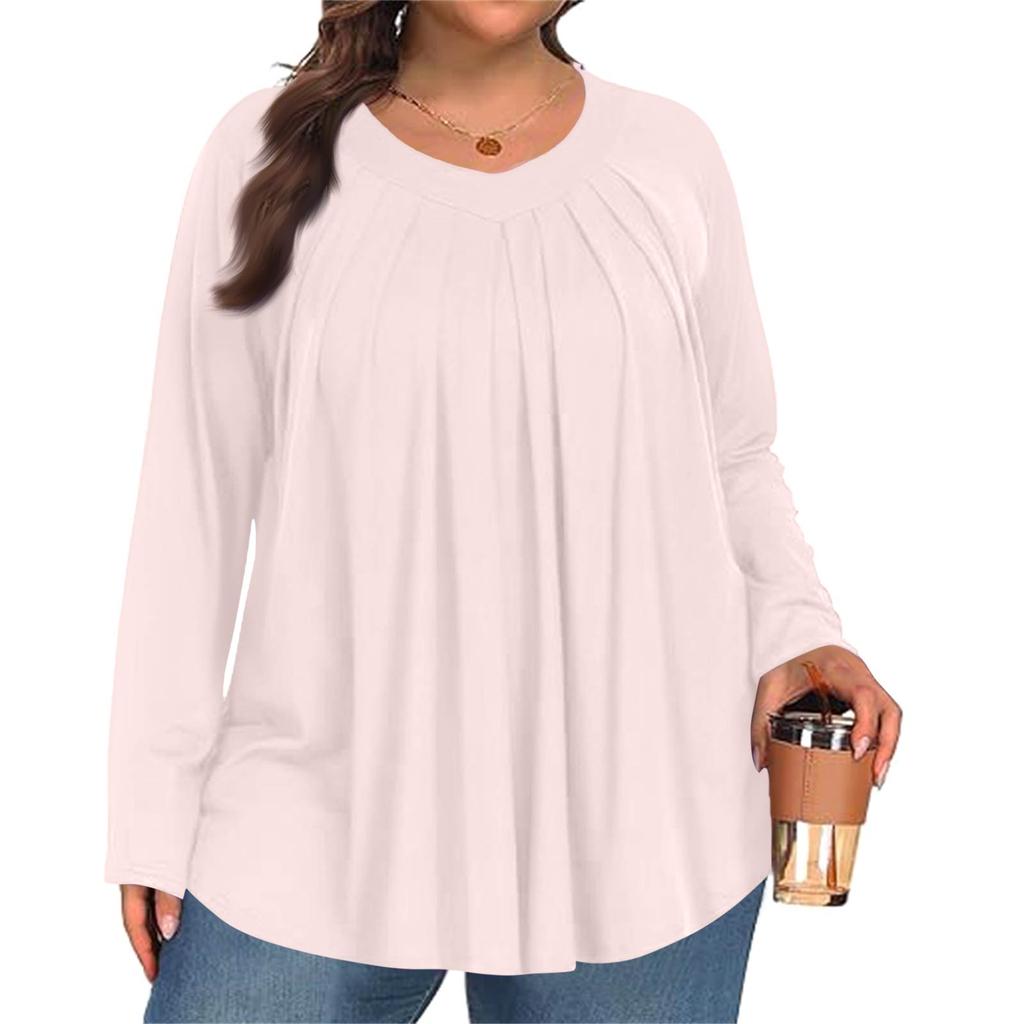 Women's Plus Size Fashion Solid Colour Casual Pleated Round Neck Long Sleeve Top