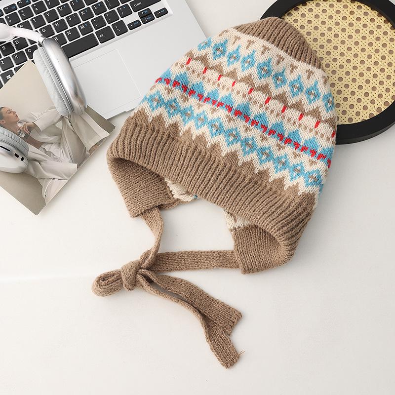 Plush Knitted Wool Hat with Ear Protection - Warm Autumn/Winter Cycling Cap for Large Head Circumference