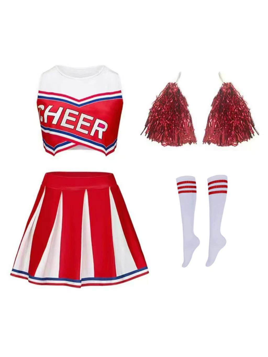 

Women Girl Cheerleading Costume Sleeveless Dress Hand Flower With Stockings Dance Costume Set Schoolgirl Cheerleading Dance Suit 110cm&cheerleader Suit красный