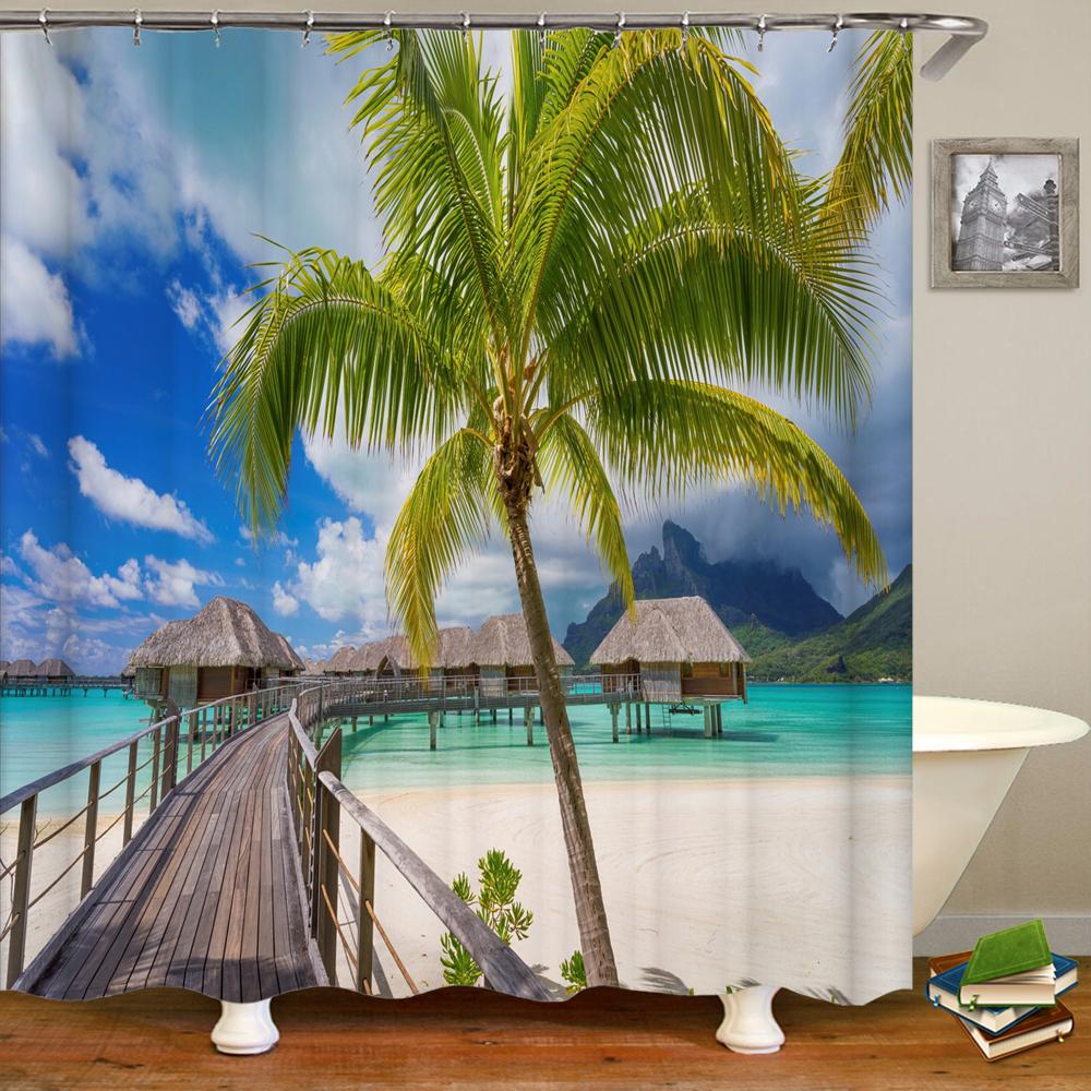 3D Seascape Beach Printed Fabric Shower Curtains Bathroom Curtain Bath Screen Waterproof Products Home Decor With Hooks