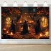 2D Halloween Witch Gathering Tapestry, Autumn Cottage Wall Hanging Background Cloth