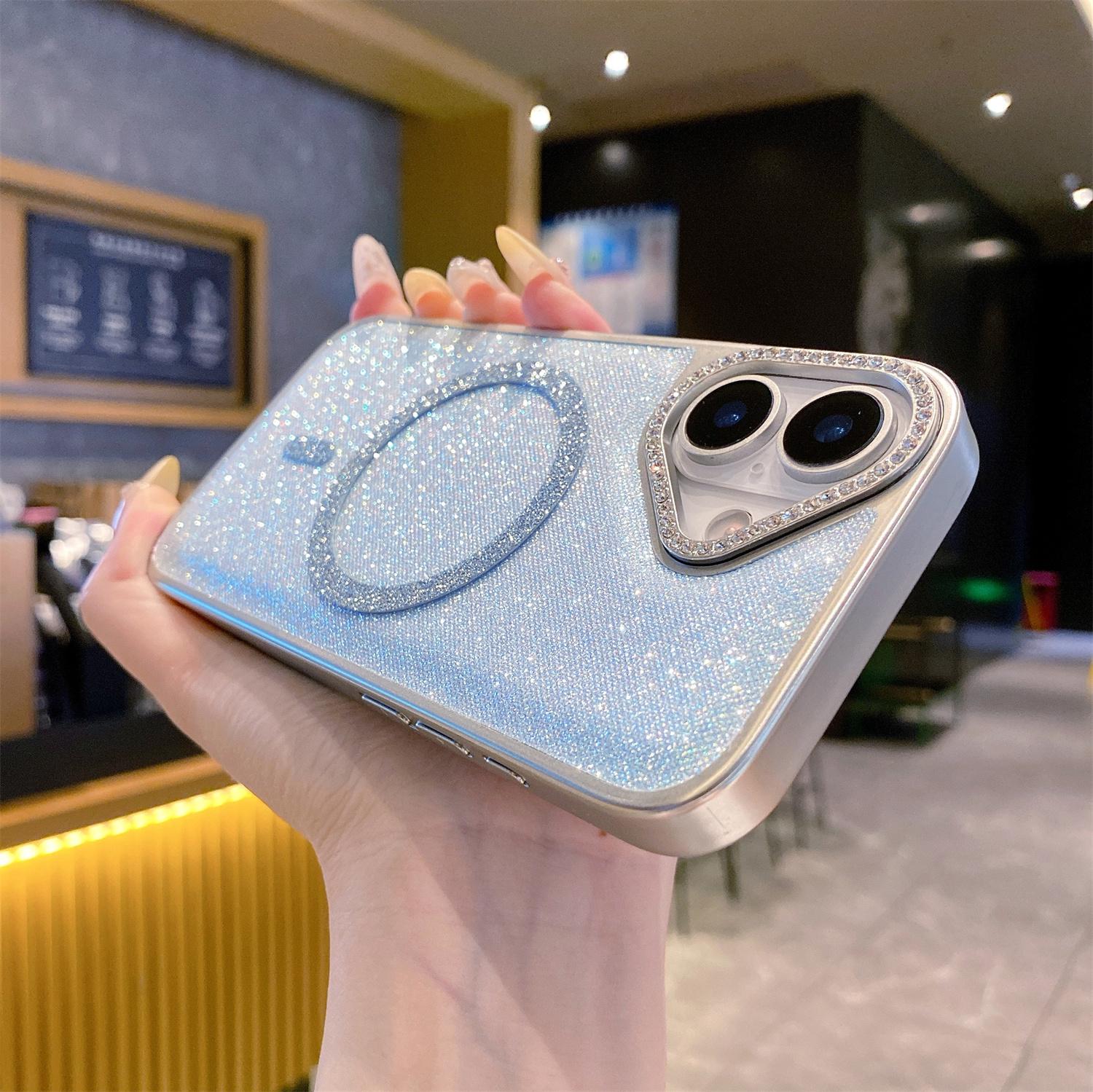 

For iPhone 16 Magnetic Case Glitter Design TPU+PC Phone Back Cover Blue