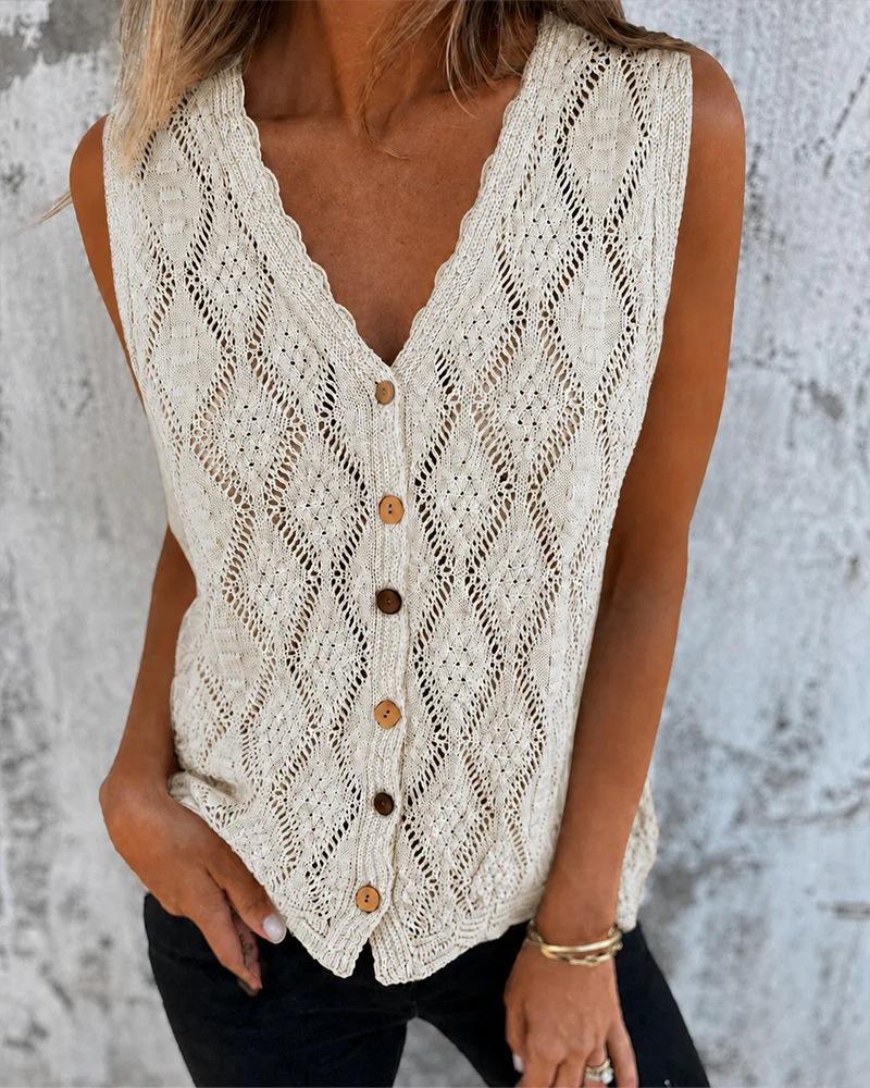 2026 Linen Paper Yarn ~ Summer Thin Hollow Knit Cardigan Sleeveless V-Neck V-Neck Vest Top for Women Vintage Crochet Pattern S бежевый
