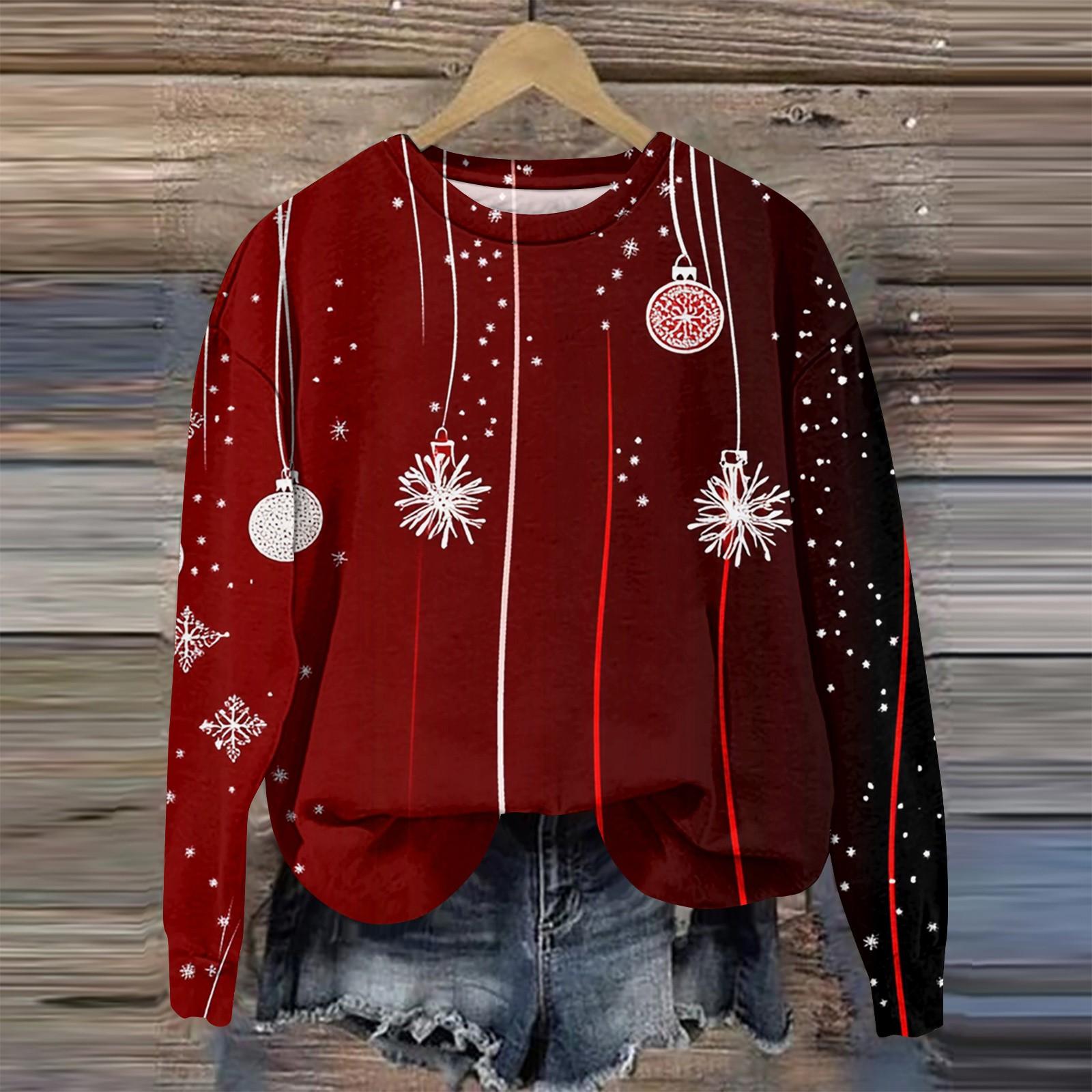 Женская мода круглый вырез пуловер длинный рукав футболка рождественский принт топ — фото 9