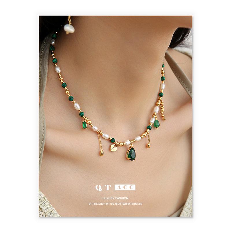 French Retro Royal Court Style Zircon & Pearl Necklace with Natural Stone Clavicle Chain