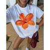 Women's White Orange Yellow Floral Print Tee Relaxed Fit Short Sleeve All-Season Machine Washable Versatile Casual Trendy Top