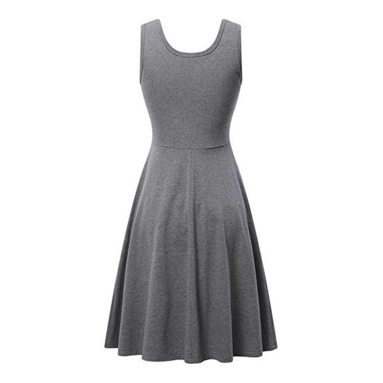 Frauen Kleid V-Ausschnitt ärmellos A-Linie locker Saum große Schaukel reine Farbe hohe Taille OL