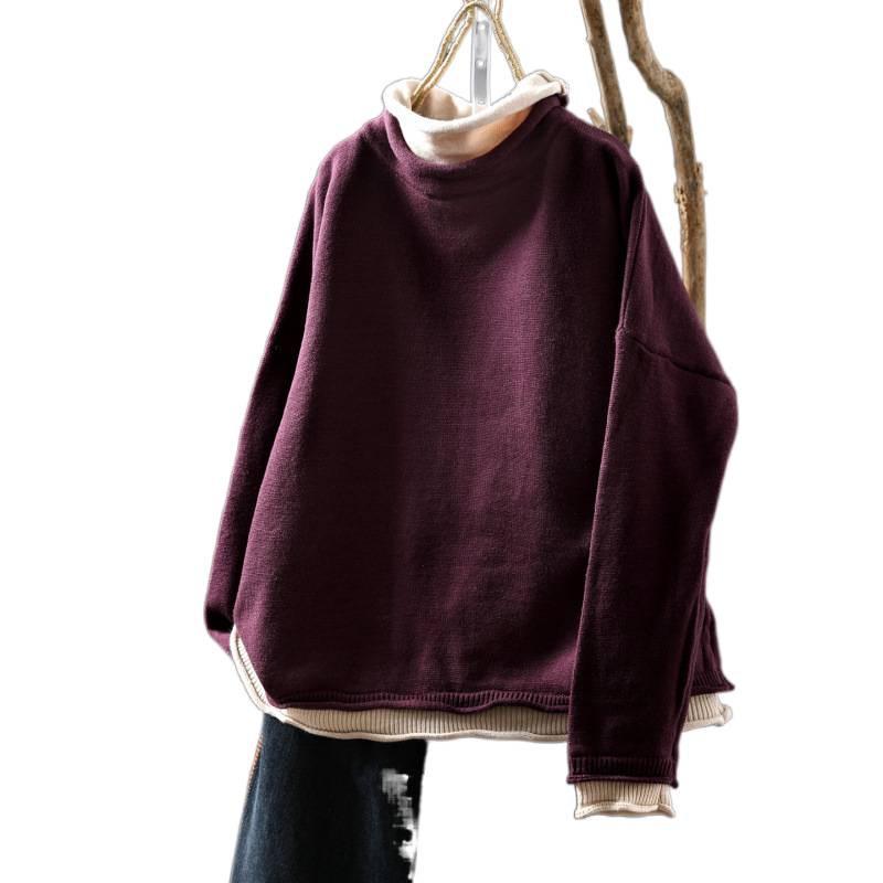 Women's Plus Size High Neck Patchwork Sweater - Winter Two-Piece Knitwear