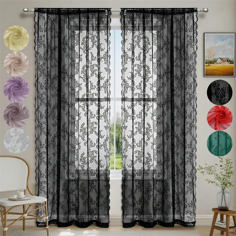 1 Panel Vintage Lace Curtains Rod Pocket Sheer Curtain Long-Romantic Flowers Branch Window Curtain for Living Room French Decor