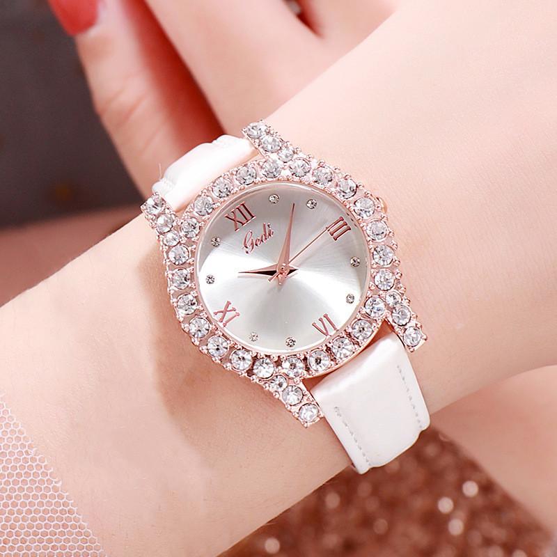 

Womens Fashion Leather Quartz Watch With Rhinestone Decoration For Casual Wear White