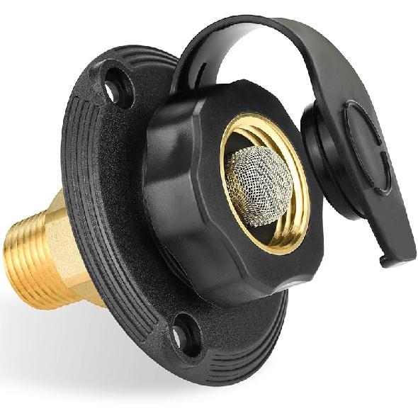 RV City Water Inlet With Brass Check Valve, Fresh Water Fill Flange For Camper Hookup, Durable RV Water Replacement Connection Fittings, Black