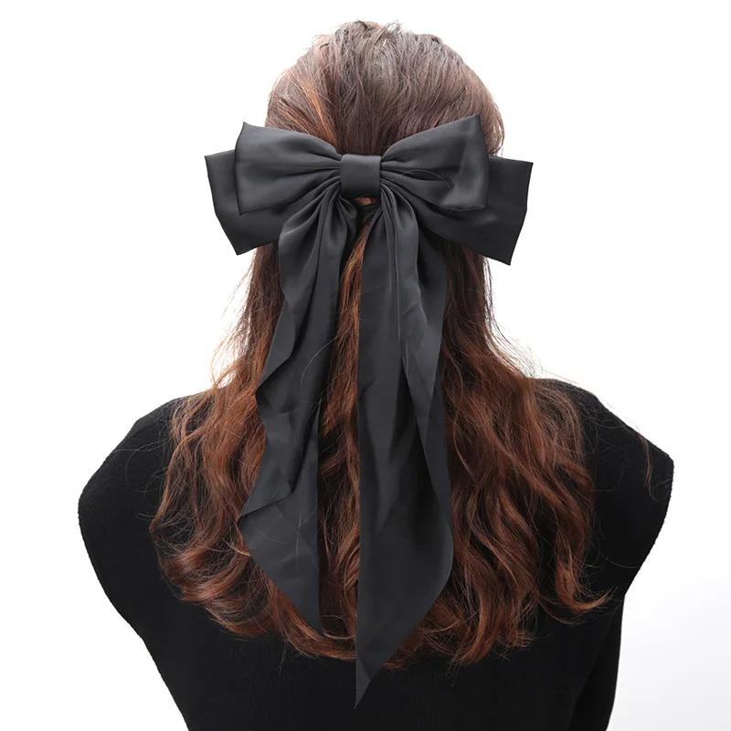 Elegant Women Bow Ribbon Hair Clip Fashion Simple Solid Satin Spring Clip Hair Pin Retro Headband Clips Girls Hair Accessories