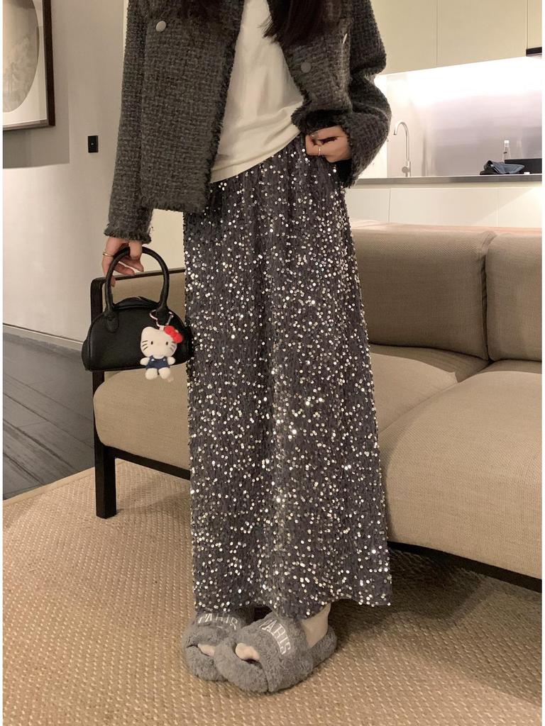 2026 Early Spring/Autumn Korean Velvet Sequin Midi Skirt
