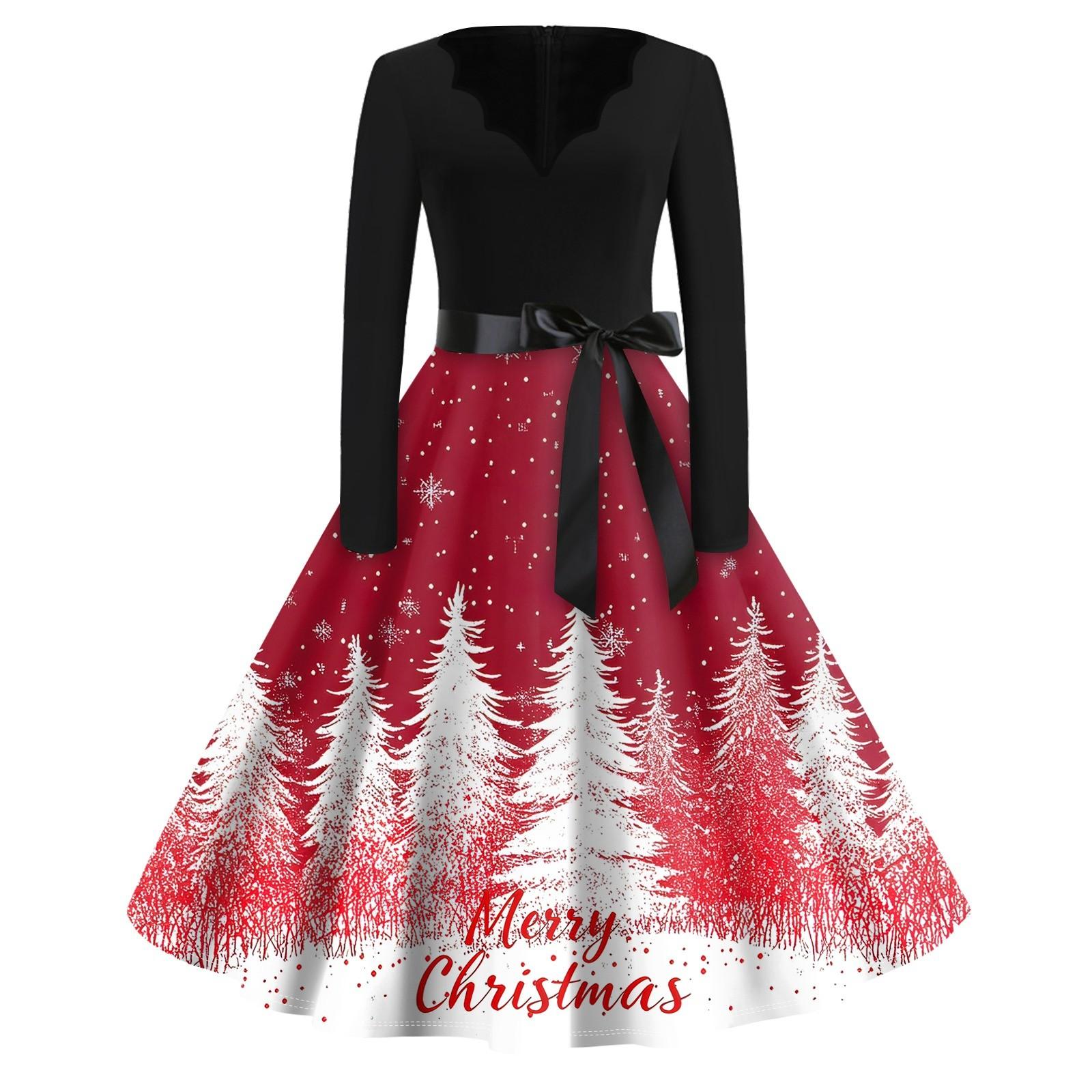 

Рождественский принт расклешенное платье для женщин платье с длинным рукавом полые вечерние повседневные платья M белый