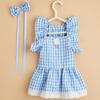 Yousheng Summer Dog Clothes Bow Headdress Ruffled Sleeve Lace Hem Pullover Elegant Dressing-Up Soft Plaid Dress Pet Cat Two-legged Clothes Puppy