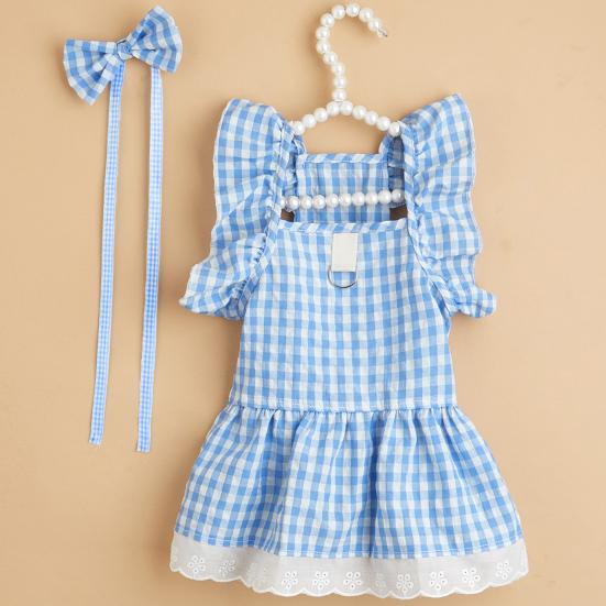 Yousheng Summer Dog Clothes Bow Headdress Ruffled Sleeve Lace Hem Pullover Elegant Dressing-Up Soft Plaid Dress Pet Cat Two-legged Clothes Puppy