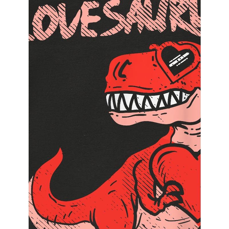 European sizes Children 1pc CHICFULL Boys' Valentine'S Day T-Shirt, Red Dinosaur & Heart Print, Casual Crew Neck Polyester Knit Fabric, Slight Stretch