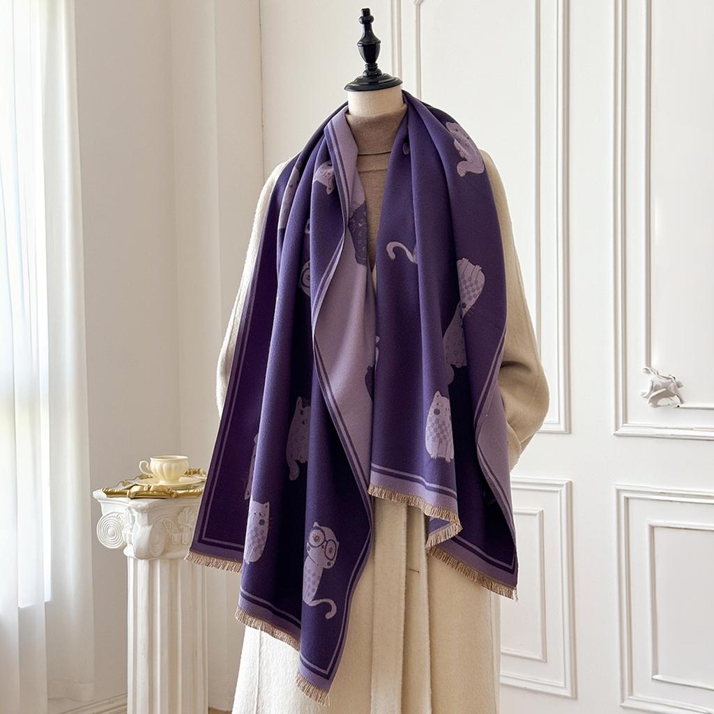 Cartoon Cat Printed Cashmere Scarves For Women Winter Thick Warm Blanket Scarf Shawl Wraps Ladies Fashion Pashmina Cape