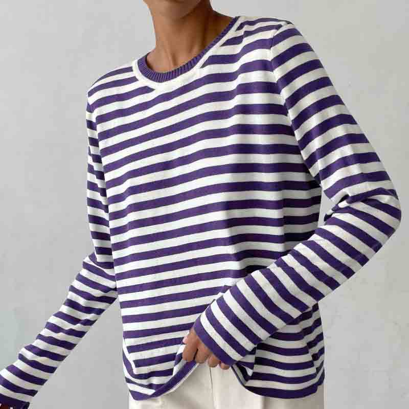 Women Striped Sweater Fashion Versatile Round Neck Long Sleeve Casual Knitted Pullover Tops