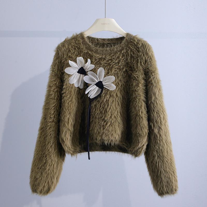 Velvet Three-dimensional Flower Sweater Women's Autumn and Winter Design Sense Niche Small Short Long-sleeved Sweater