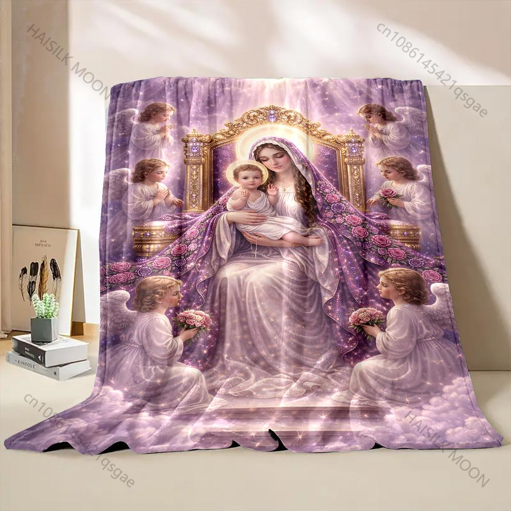 1PC Virgin Mary surrounded by angels Print Blanket Warm Soft Fluffy Kids and Adult Sofa Bed Throw Blanket Travel Camping RV
