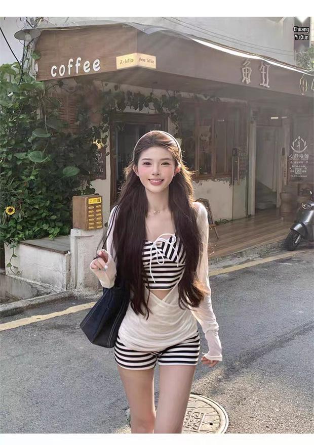 2026 Trendy Women's Long Sleeve Striped Swimsuit Cover-up with Sun Protection and Bikini Set