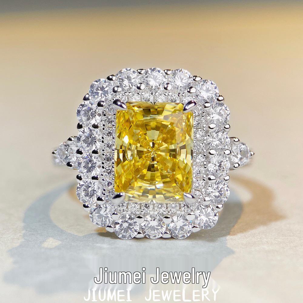 

S925 Sterling Silver Radiant Cut Yellow Diamond Ring for Women – High-End Square Design, Cross-Border Bestseller Size 6